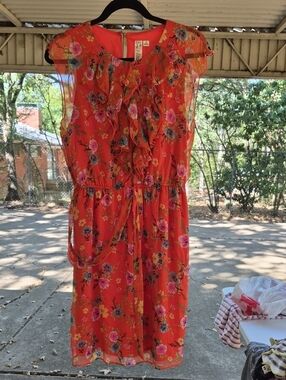Emma & Michele Coral Floral Ruffle Tie-Waist Midi Dress